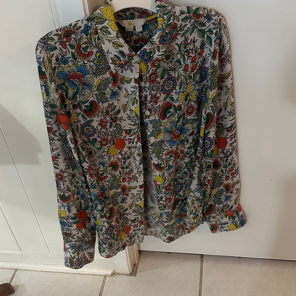 Boden Floral Button-Front Blouse — White with Blue, Yellow & Red Floral Print